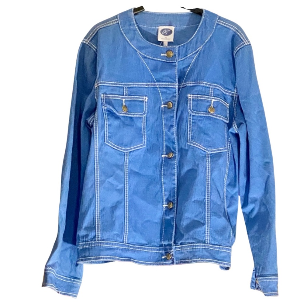 DG2 Diane Gilman L Blue Jacket White Topstitch denim Twill Fall Autumn - Picture 13 of 13